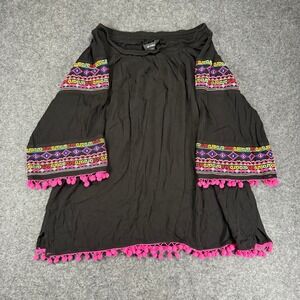 Ali Miles Black Embroidered Off Shoulder Tunic Top Pom Pom Trim Boho
